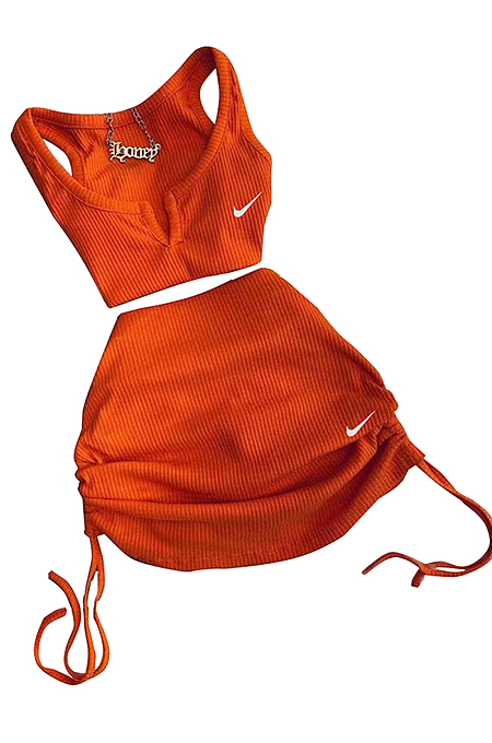 WHOLESALE | Pitted Fabric Ebroidered Ni k E log o Tanks Skirt Set in Orange
