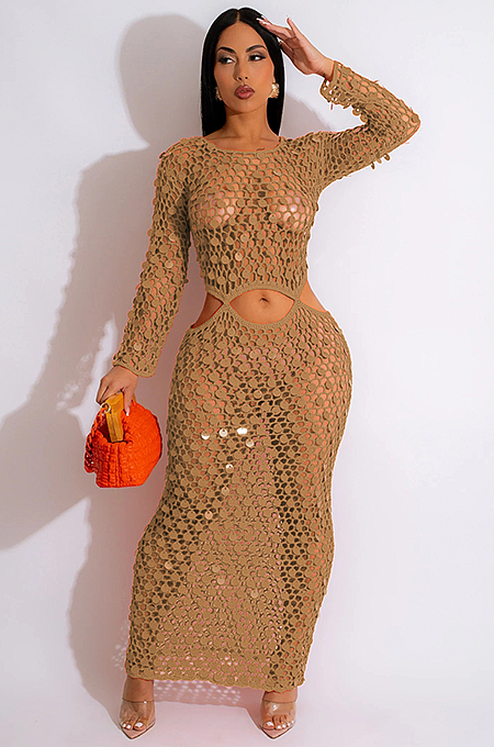 WHOLESALE | Knitted Sequins Hollow-out Beach Dress in Apricot