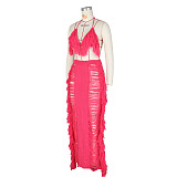 WHOLESALE | Tassel Cover Maxi Skirt Set in Rose Red