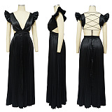 WHOLESALE | Black Ruffle Open Back Lace-up Pleated Maxi Dress