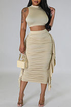 WHOLESALE | Crop Top &  Lutos Edge Skirt Set in Apricot