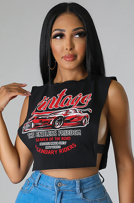 WHOLESALE | Racing Car Printed Side Strap Off Shoulder T-shirt