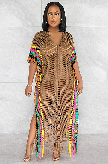 WHOLESALE | Knitted Hollow-out Beach Dress in Camel