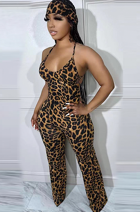WHOLESALE | Leopard Print Sling Jumpsuit With Headscarf