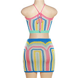 WHOLESALE | Color Panel Knitted Halter Skirt Set