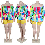 WHOLESALE | Color Block Off Shoulder Puffy Sleeve Shorts Set