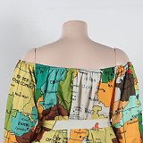 WHOLESALE | Map Printed Off Shoulder Puffy Sleeve Shorts Set