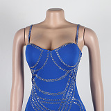 WHOLESALE | Solid Rhinestone Beaded Maxi Dress in Blue