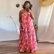 WHOLESALE | Plus Size Pleated Self Tied Drawstring Jumpsuit in Pink