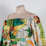 WHOLESALE | Map Printed Off Shoulder Puffy Sleeve Shorts Set