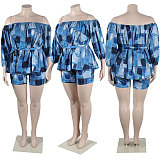 WHOLESALE | Blue Block Off Shoulder Puffy Sleeve Shorts Set