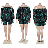 WHOLESALE | Leaf Printed Off Shoulder Puffy Sleeve Shorts Set