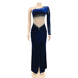 WHOLESALE | Flannel Rhinestone One Shoulder Party Long Dress Front Split