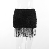 SUPER  WHOLESALE | Furry Patchwork Tassel Hem Criss-cross Deco Skirt