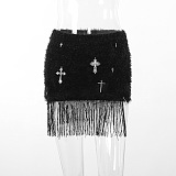 SUPER  WHOLESALE | Furry Patchwork Tassel Hem Criss-cross Deco Skirt