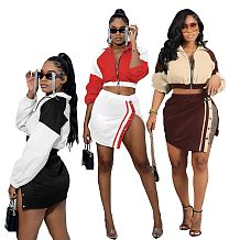 SUPER WHOLESALE |  Two Tones Zip Up Tracking Top Side Button Up Skirt