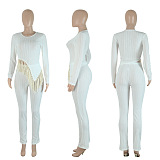 SUPER WHOLESALE |  Asymmertric Tassel Hem Pants Set in White