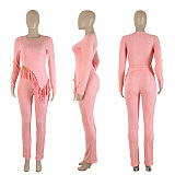 SUPER WHOLESALE |  Asymmertric Tassel Hem Pants Set in Pink