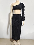 SUPER WHOLESALE | Chiffon One Shoulder Top Long Dress in Black