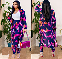 SUPER WHOLESALE | Printed Long Coat Bodycon Pants 2pieces in Purple Feather