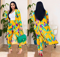 SUPER WHOLESALE | Printed Long Coat Bodycon Pants 2pieces in Yellow Feather