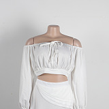 SUPER WHOLESALE | Plus Size Off-Shoulder Puffy Sleeves Top Split Skirt in White
