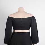 SUPER WHOLESALE | Plus Size Off-Shoulder Puffy Sleeves Top Split Skirt in Black