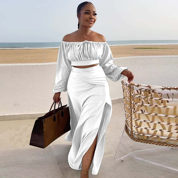 SUPER WHOLESALE | Plus Size Off-Shoulder Puffy Sleeves Top Split Skirt in White