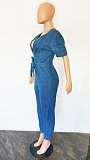 SUPER WHOLESALE | Plunging Neck Front Bow-tied Jumpsuit in Blue