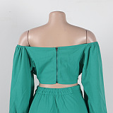 SUPER WHOLESALE | Plus Size Off-Shoulder Puffy Sleeves Top Split Skirt in Green