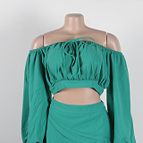 SUPER WHOLESALE | Plus Size Off-Shoulder Puffy Sleeves Top Split Skirt in Green