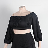 SUPER WHOLESALE | Plus Size Off-Shoulder Puffy Sleeves Top Split Skirt in Black