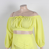 SUPER WHOLESALE | Plus Size Off-Shoulder Puffy Sleeves Top Split Skirt in Yellow