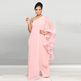 SUPER WHOLESALE | ONE SHOULDER SINGLE LONG SLEEVE RUFFLED TRIM CAPE STRAIGHT LEG WHITE JUMPSUIT IN PINK