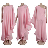 SUPER WHOLESALE | ONE SHOULDER SINGLE LONG SLEEVE RUFFLED TRIM CAPE STRAIGHT LEG WHITE JUMPSUIT IN PINK