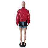 SUPER WHOLESALE | Shinning Material Zip Up Baseball Jacket in Red