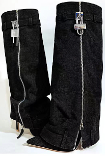 SUPER WHOLESALE | GG Buckle Side Zip Up Boots in Black（Heel Height：11cmH）