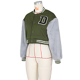 SUPER WHOLESALE | Wool Sleeve Patchwork Button Up Baseball Jacket in Green