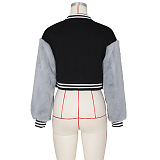 SUPER WHOLESALE | Wool Sleeve Patchwork Button Up Baseball Jacket in Black & Grey