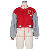 SUPER WHOLESALE | Wool Sleeve Patchwork Button Up Baseball Jacket in Red