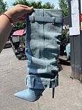 SUPER WHOLESALE | GG Buckle Side Zip Up Boots in Blue（Heel Height：11cmH）