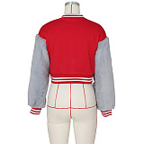 SUPER WHOLESALE | Wool Sleeve Patchwork Button Up Baseball Jacket in Red