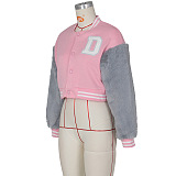 SUPER WHOLESALE | Wool Sleeve Patchwork Button Up Baseball Jacket in Pink