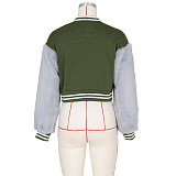 SUPER WHOLESALE | Wool Sleeve Patchwork Button Up Baseball Jacket in Green
