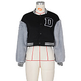 SUPER WHOLESALE | Wool Sleeve Patchwork Button Up Baseball Jacket in Black & Grey