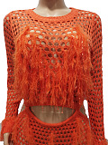 SUPER WHOLESALE | Knitted Hollow-out Tassel Deco Long Dress in Orange