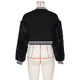 SUPER WHOLESALE | Wool Sleeve Patchwork Button Up Baseball Jacket in Black