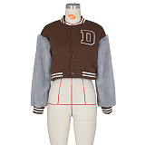 SUPER WHOLESALE | Wool Sleeve Patchwork Button Up Baseball Jacket in Brown