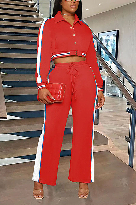 SUPER WHOLESALE | Side Strip Printed Crop Jacket Top & Straight Self-tied Pants in Red