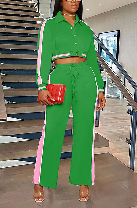 SUPER WHOLESALE | Side Strip Printed Crop Jacket Top & Straight Self-tied Pants in Green